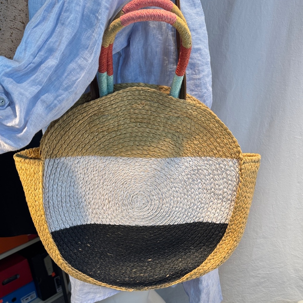 Round Straw Tote with Black & White Colorblock and Multicolor Wrapped Handles